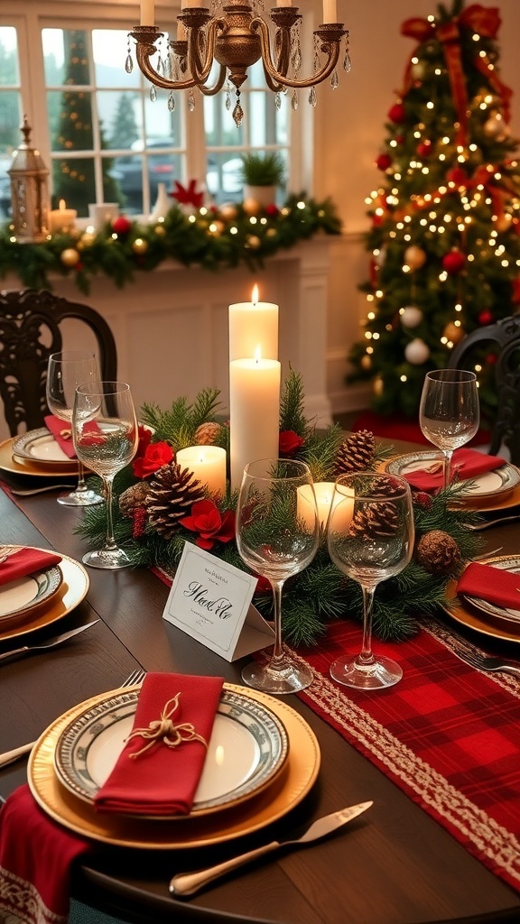 A festive Christmas table setting with candles, greenery, and personalized place cards.